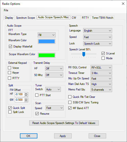 Audio scope options tab