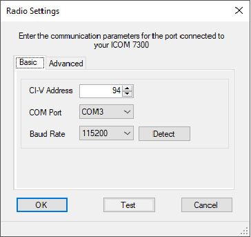 Basic radio settings dialog box