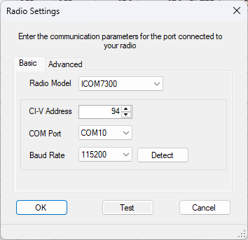 Basic radio settings dialog box